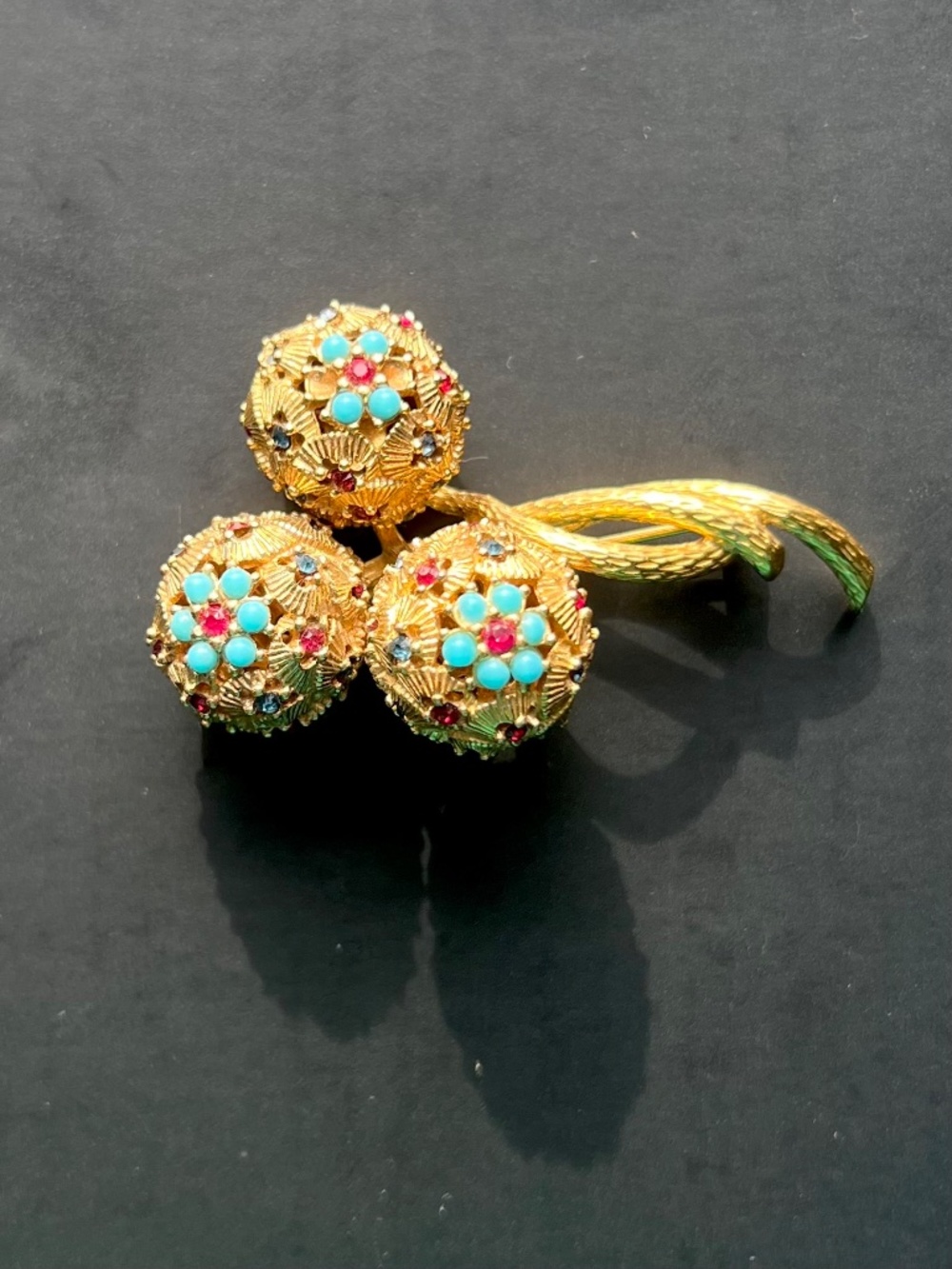 Vintage Signed CINER "Bud Blossom" Brooch - GIA Verified - Turquoise & Ruby MCM